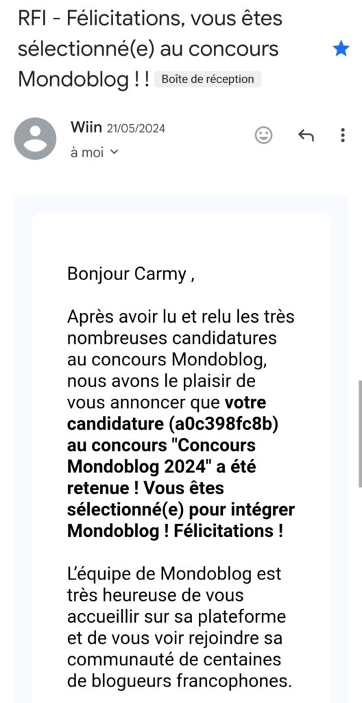 Mail de Mondoblog : félicitations.